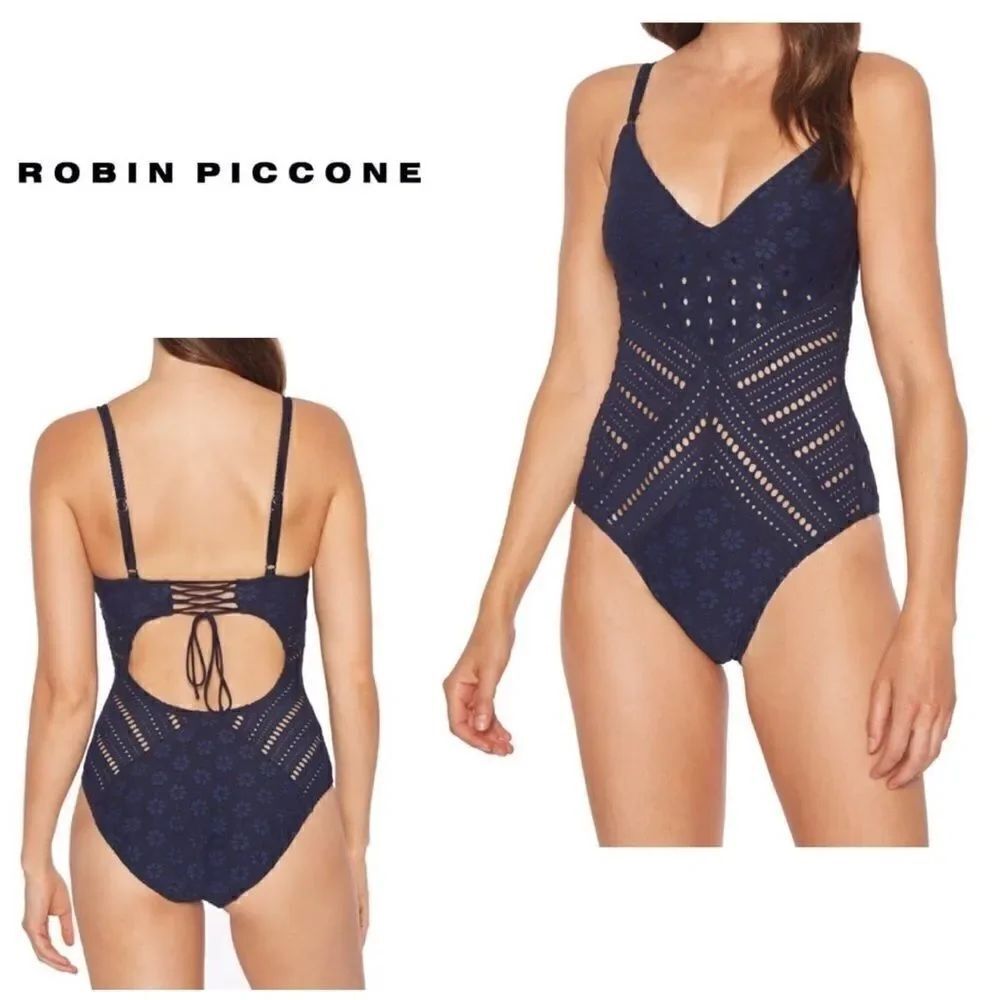 New. Clarissa navy v-neck crochet swimsuit. NWT